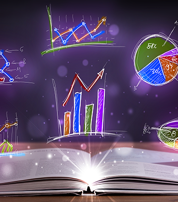 Open storybook with graphs and piecharts floating out of the pages