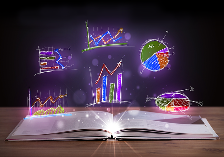 Open storybook with graphs and piecharts floating out of the pages